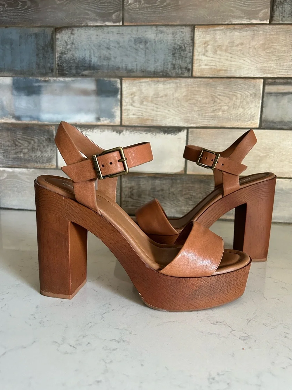 Gianni Bini Leather Platform Heel Sandals in Rich Caramel